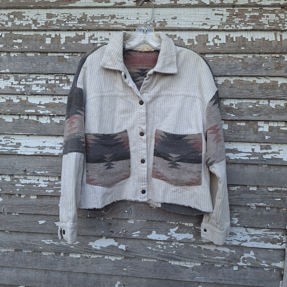 Women’s Cream Corduroy Aztec Pocket Jean Jacket